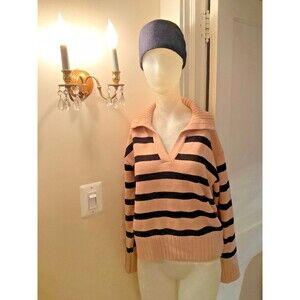 Lily Silk Sweater Toffee/Black Stripes V-Neck Collar Wool Knit Size S